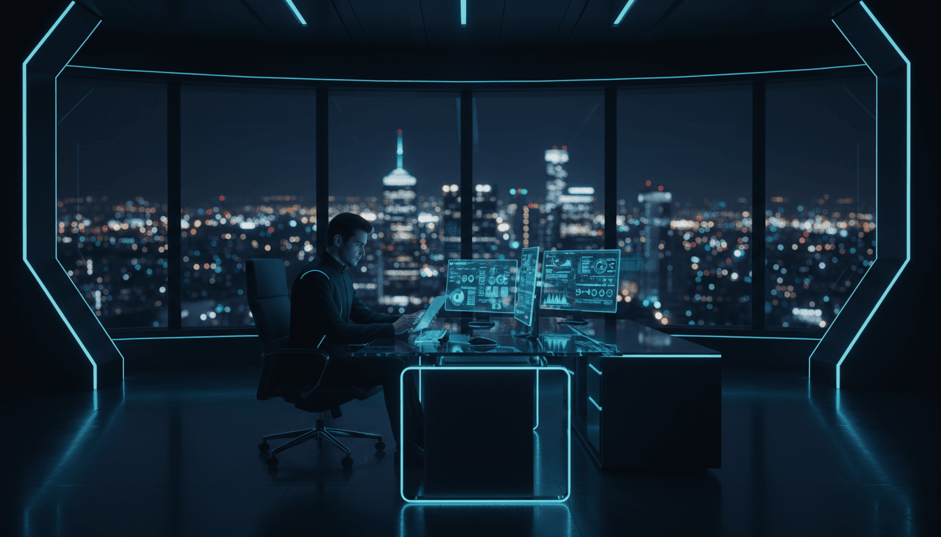Small business owner reviewing a tablet in a modern office with cyan lighting