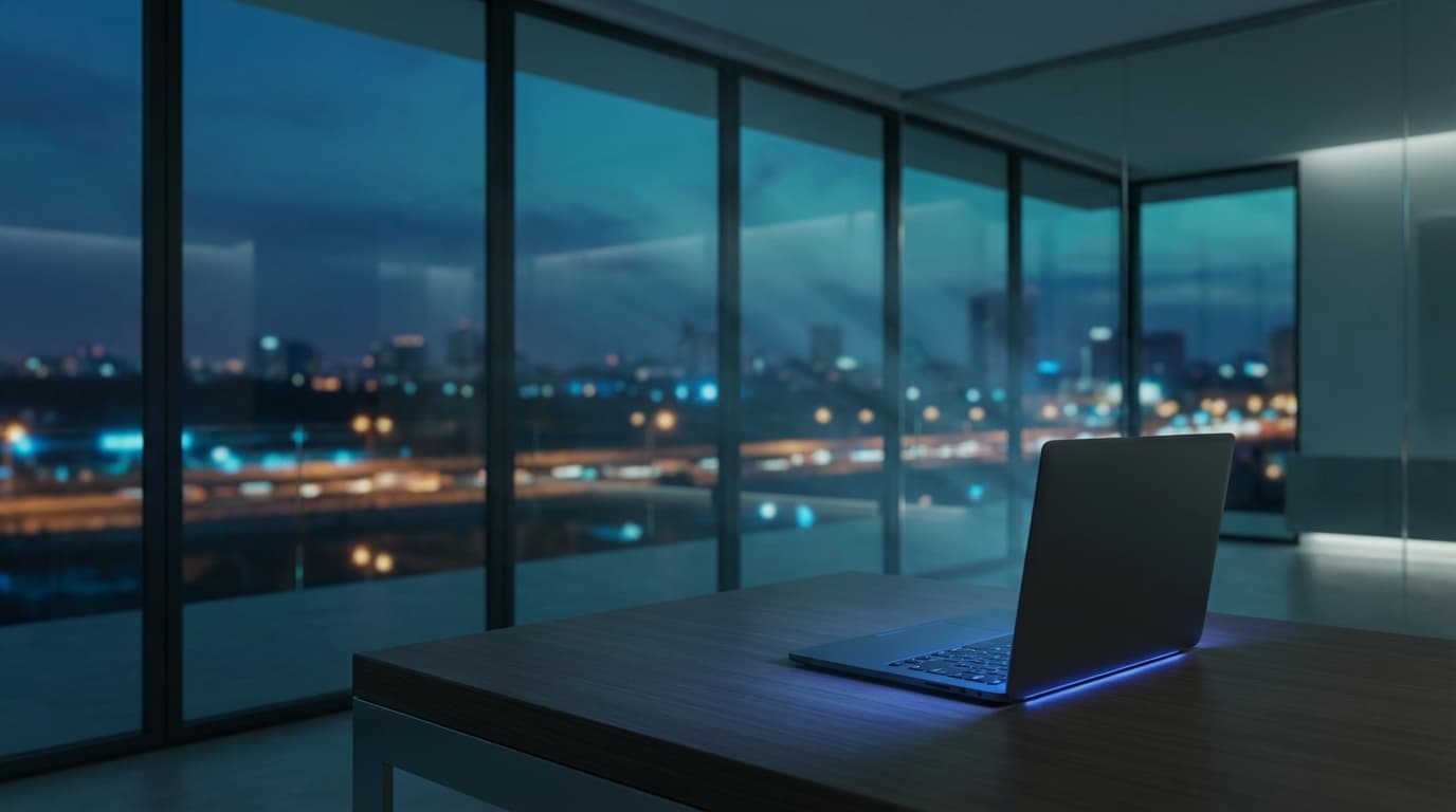 Business owner reviewing an AI-powered dashboard on a laptop in a modern office