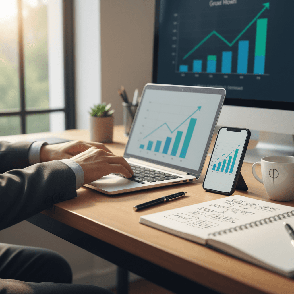 Small business owner's hands typing on laptop with smartphone showing analytics charts at clean wooden desk