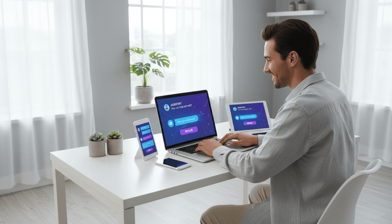 Multiple devices showing synchronized chat interfaces on a dark desk