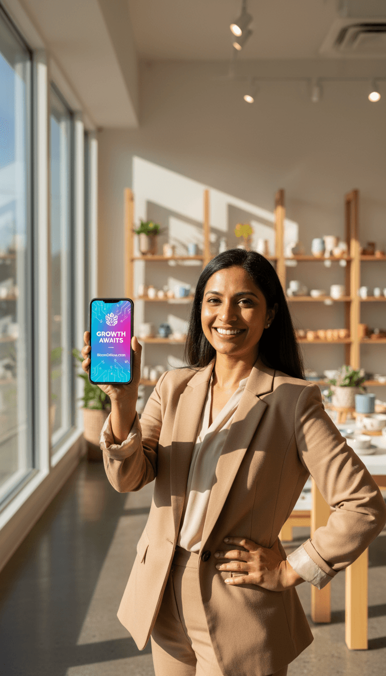 Small business owner smiling while looking at a phone in a bright shop