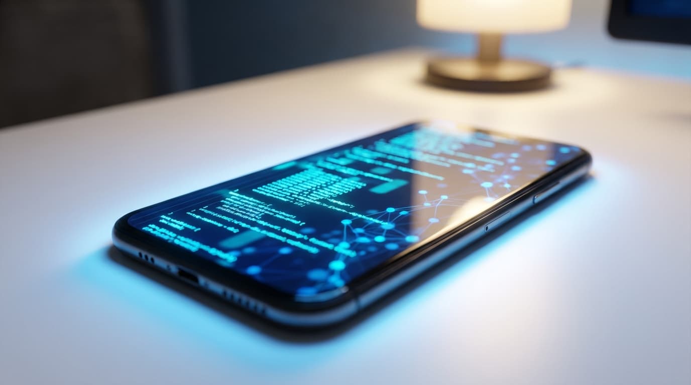 Smartphone with an AI chat interface on a dark desk with cyan lighting